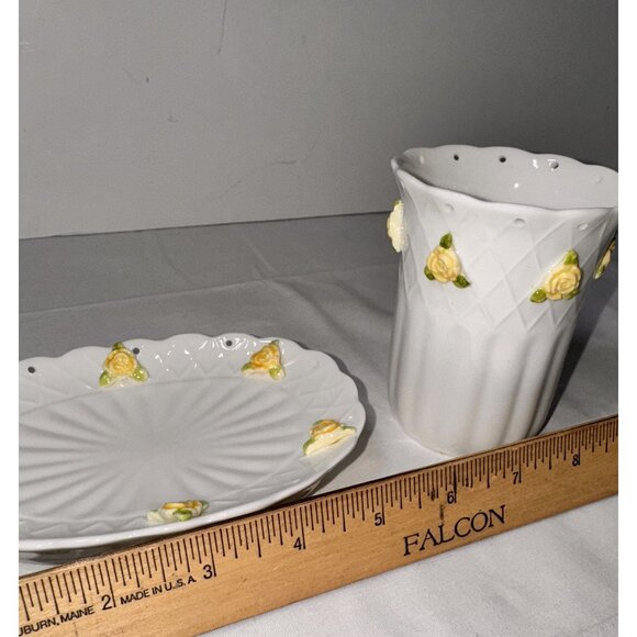 Jakson Japan Yellow Eyelet Rose Soap Dish & Tumbler Set Ceramic Floral Design - Picture 8 of 12